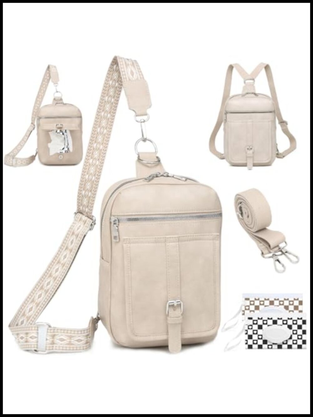 Vegan Leather Mini Diaper Bag Crossbody Sling Purse with Wipes Pocket